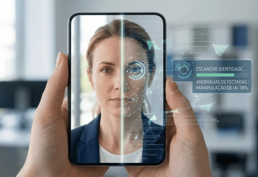 Close de mãos segurando um smartphone que exibe um scanner biométrico sobre o rosto de uma mulher. O lado esquerdo mostra o rosto real e o lado direito exibe uma malha digital com pontos de conexão. Um painel flutuante indica "Anomalias Detectadas" e "Manipulação de IA: 78%".