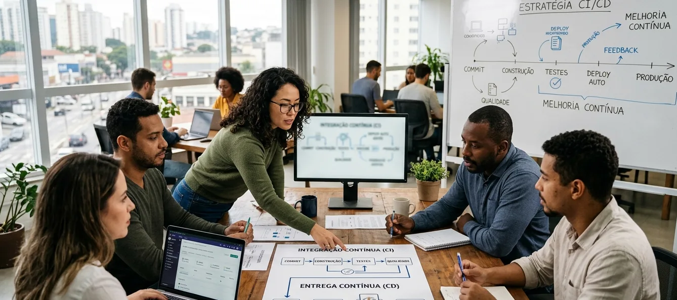 Equipe de profissionais analisando fluxos e documentos em reunião estratégica, simbolizando a integração contínua (CI) e a entrega contínua (CD) para acelerar e garantir qualidade no desenvolvimento de software.