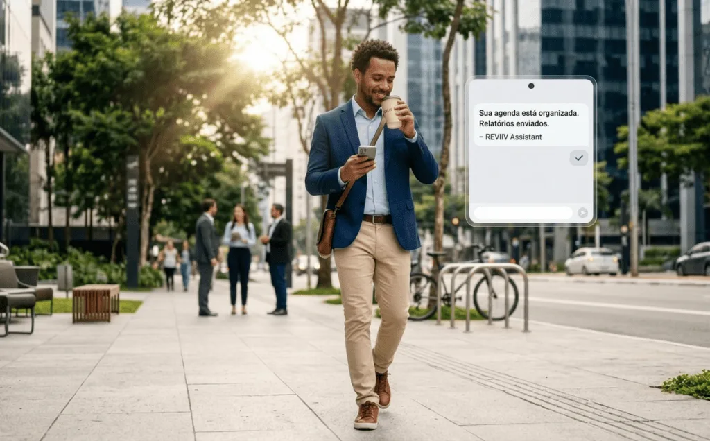 Profissional sorridente caminhando em um centro empresarial enquanto utiliza um assistente pessoal de IA no celular para gerenciar sua agenda de forma autônoma.