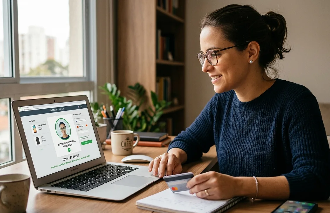 Uma mulher sorri enquanto faz compras online no notebook, que exibe sua autenticação facial concluída. Ela segura um cartão de crédito, simbolizando o fluxo de aprovação de pagamentos via autenticação das bandeiras de cartão.