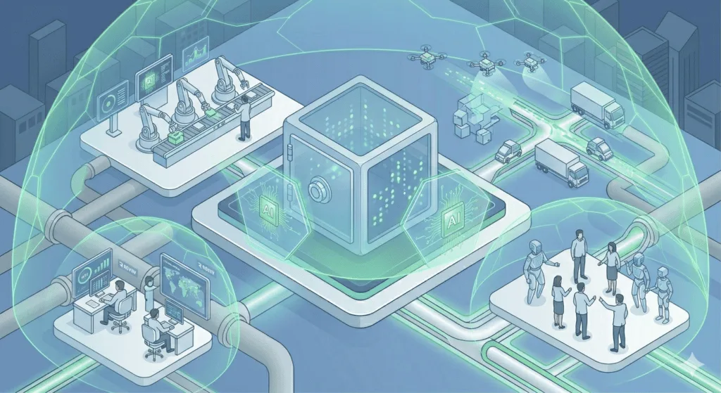 Uma complexa e expansiva ilustração isométrica, mantendo o estilo visual minimalista e a paleta azul e verde das imagens anteriores. No centro, o cofre digital blindado da imagem original brilha intensamente. Múltiplos fluxos de dados e tubulações seguras (vistas nas imagens anteriores) estendem-se dele para conectar diferentes microcenas: um armazém logístico com robôs e drones de entrega, um escritório com mesas de trabalho e telas de análise financeira, e uma pequena fábrica automatizada. Figuras humanas simplificadas colaboram com robôs especializados em cada área, todos interconectados por uma rede neural de IA visível e brilhante que pulsa por todo o cenário, representando a integração cultural e operacional de multiagentes.