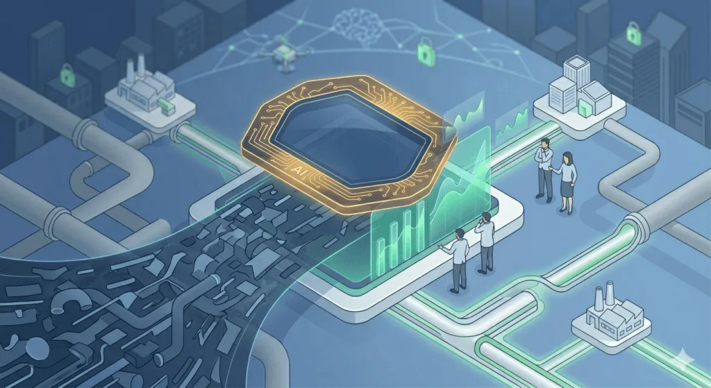 Ilustração tecnológica em estilo macro. À esquerda, um emaranhado cinza de processos desorganizados e tubos quebrados flui em direção a uma lente octogonal dourada com circuitos brilhantes de Inteligência Artificial. Ao passar pela lente, os elementos se transformam em gráficos de barras verdes ascendentes e tubulações iluminadas e organizadas. O fundo é um azul marinho profundo que destaca o contraste do ouro e do verde esmeralda.
