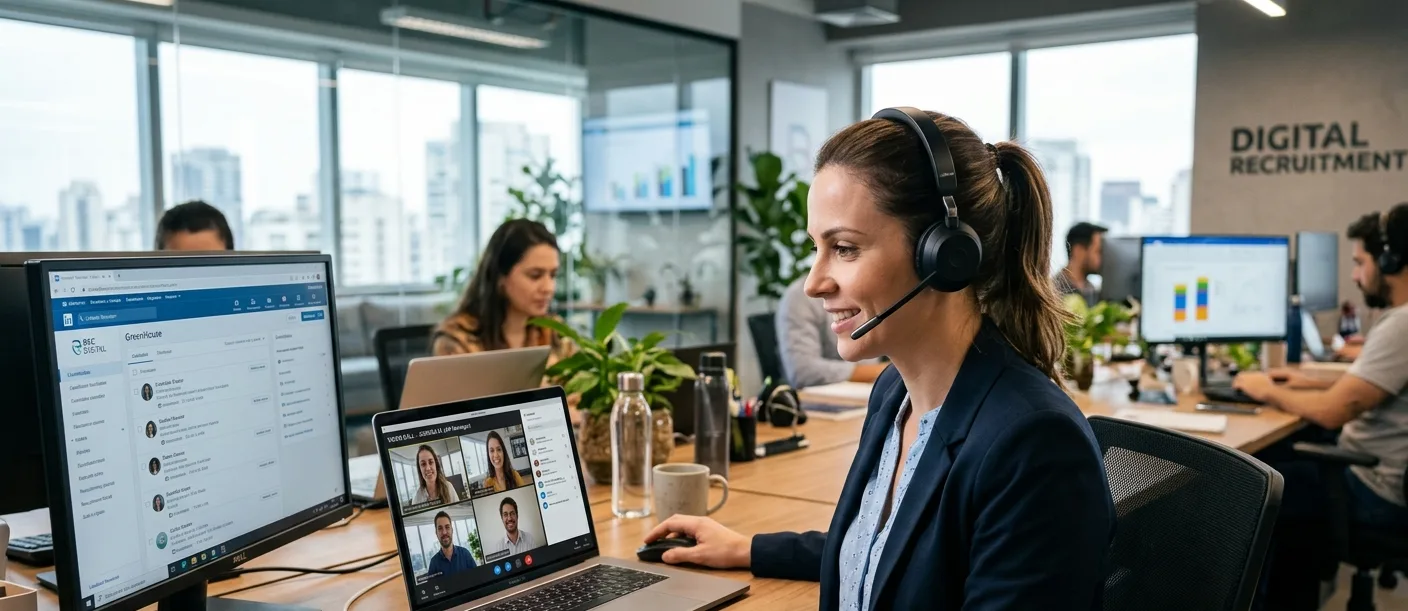 Uma mulher branca de cabelos castanhos presos em um rabo de cavalo e vestindo um blazer azul marinho e uma blusa azul clara, sentada em uma mesa de escritório moderno. Ela usa um headset preto e sorri enquanto interage com um notebook que exibe uma videochamada com quatro pessoas. Um monitor maior ao lado mostra um software de recrutamento com perfis de candidatos e análises. No fundo, à direita, um letreiro na parede diz "DIGITAL RECRUITMENT" em letras maiúsculas e minúsculas. Outras pessoas trabalham em mesas ao fundo, e a cena demonstra o uso da tecnologia moderna no processo de Recrutamento com IA.