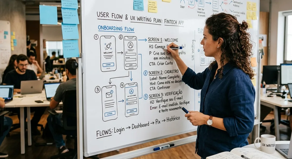 Profissional esboçando wireframe de interface em lousa, enquanto planeja conteúdo e fluxos de UX Writing para um produto digital.