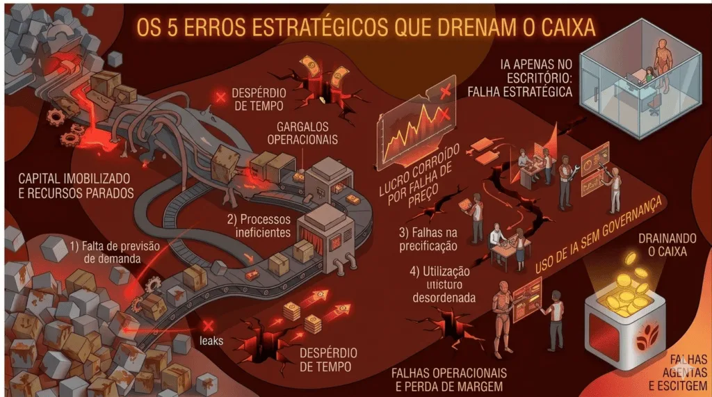 Nova ilustração isométrica de processos de IA: à esquerda, um fluxo roxo caótico representando processos manuais falhos e perdas; ao centro, um sistema de multiagentes transforma dados brutos em um fluxo laranja elétrico brilhante que, à direita, gera lucro protegido e moedas douradas com interação humana.