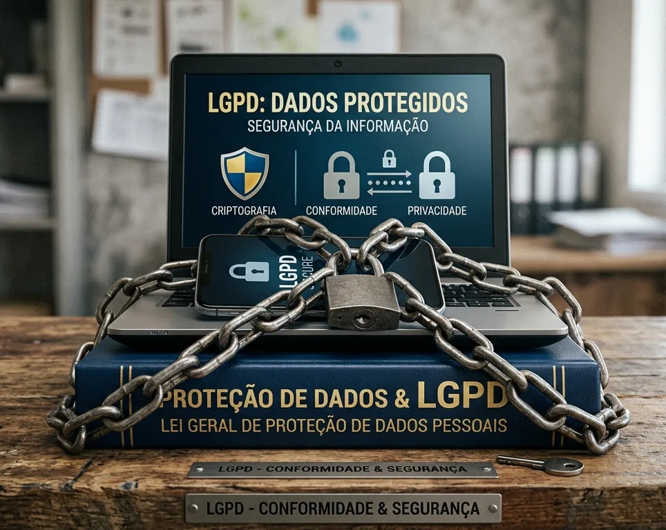 Livro, celular e notebook protegidos por correntes de metal, simbolizando a proteção de dados exigida pela LGPD.