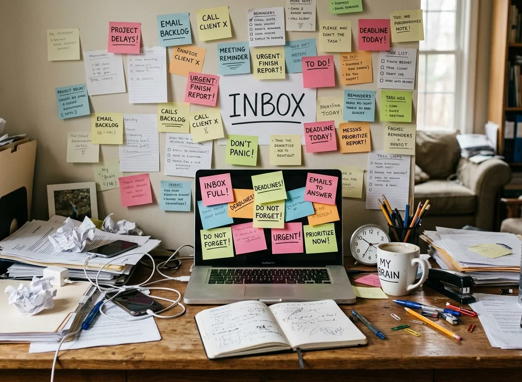 Mesa desorganizada com laptop fechado, papéis amassados e anotações adesivas coladas na parede, simbolizando uma caixa de entrada (inbox) sobrecarregada e acúmulo de tarefas pendentes.