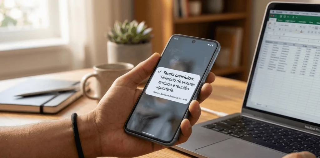 Notificação em um smartphone confirmando a conclusão automática de um relatório de vendas e agendamento de reunião por um assistente pessoal de IA.