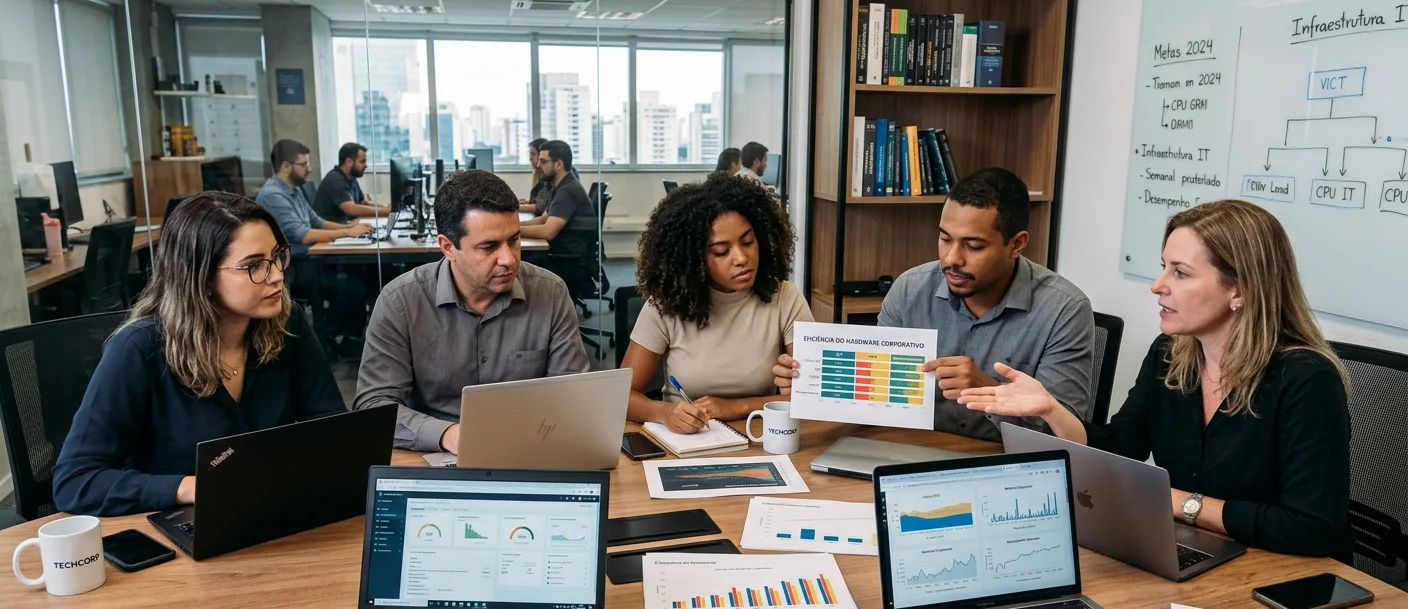 Profissionais colaborando em equipe com notebooks e gráficos sobre a mesa, representando o uso de hardware no ambiente corporativo.
