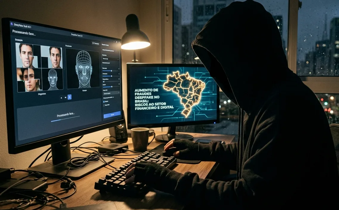 Homem encapuzado usando computador, representando o aumento das fraudes com deepfake no Brasil e os riscos para o setor financeiro e digital.