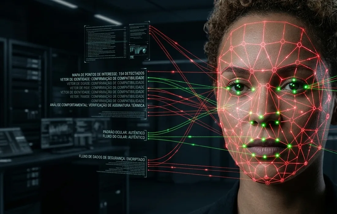 Rosto parcialmente iluminado por feixes de luz em forma de cruz, representando análise facial por biometria comportamental em um ambiente escuro e controlado.