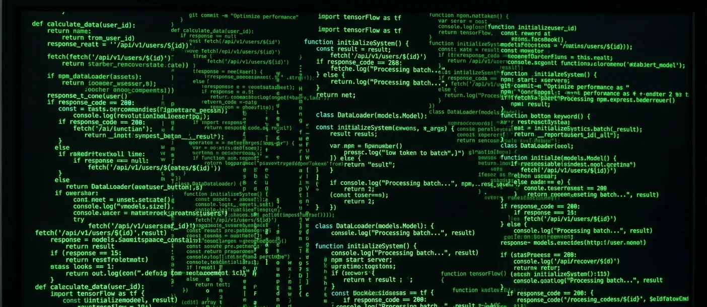 Uma tela de computador escura exibe várias linhas de código de programação em verde brilhante, evocando a estética de cibersegurança e computação de matriz.