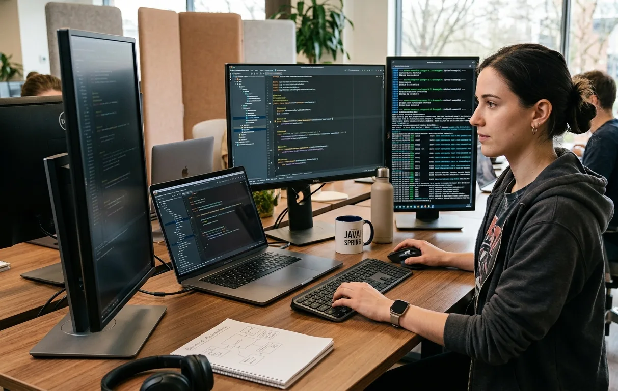Pessoa programando em Java com notebook e dois monitores exibindo código-fonte, representando desenvolvimento backend moderno.