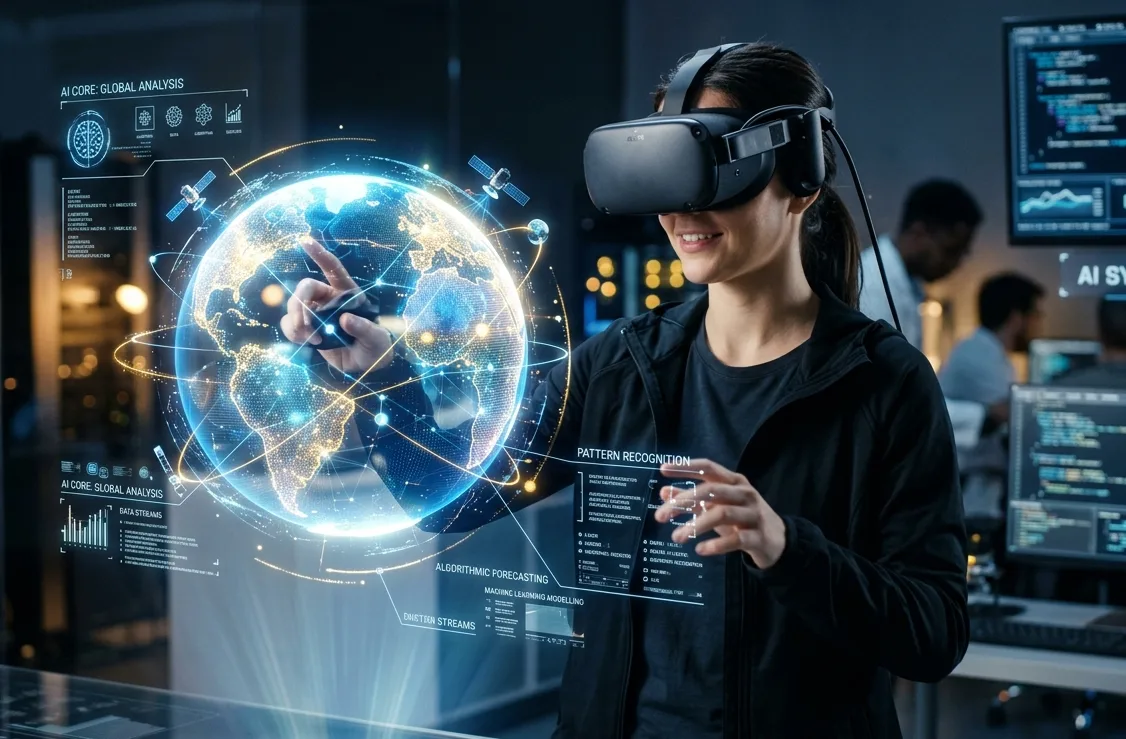 Mulher usando óculos de realidade virtual interagindo com interface digital holográfica representando o globo terrestre, simbolizando aplicação de inteligência artificial tradicional.