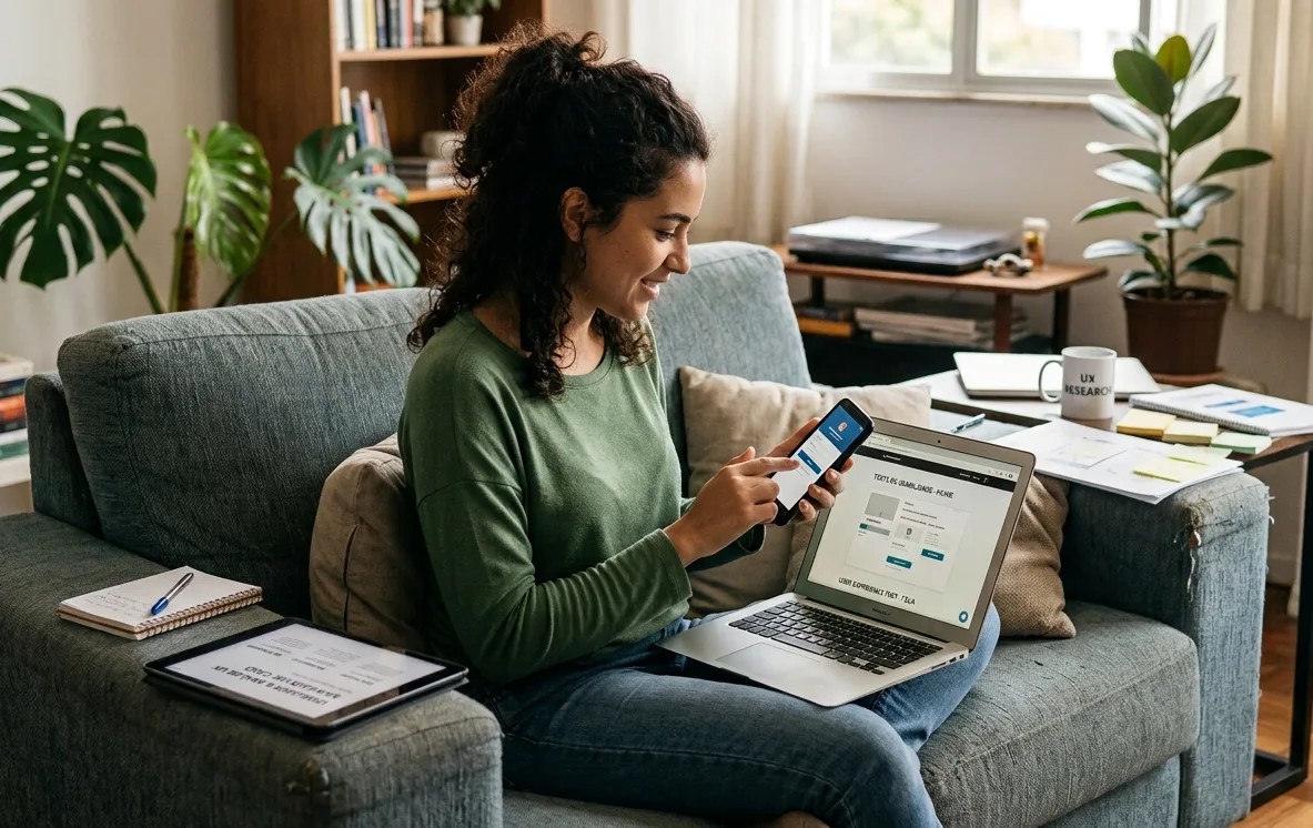 Mulher sentada em sofá utilizando celular e notebook ao mesmo tempo, representando um cenário de teste de usabilidade e análise da experiência do usuário.