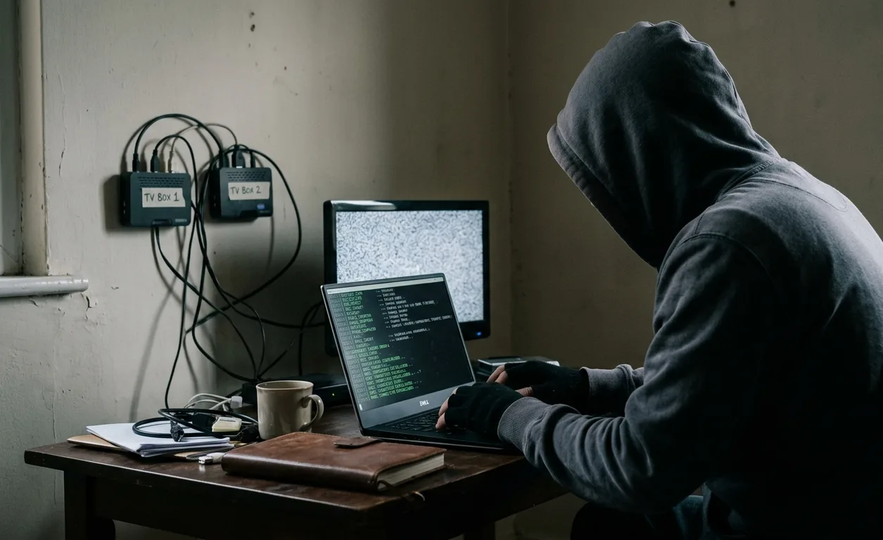 Uma imagem de alto contraste mostra um hacker encapuzado em um quarto escuro, sentado em frente a dois computadores. Ele está usando um moletom preto e um par de luvas. O computador à esquerda tem uma tela preta com o texto "BadBox" escrito em branco. O computador à direita tem uma tela preta com o texto "C:> BadBox" escrito em branco. O hacker está olhando para os computadores e tem as mãos nos teclados. A imagem é de alto contraste, com cores vibrantes e sombras profundas. O hacker e os computadores são o foco da imagem, e o fundo é desfocado. A imagem transmite uma sensação de mistério e intriga.