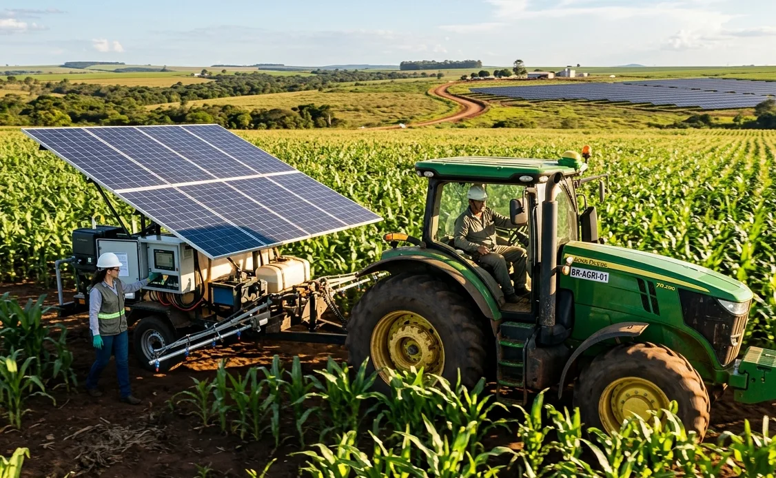 Uma trabalhadora e um motorista utilizam um trator em uma lavoura verde, equipado com um grande painel solar para capturar energia.