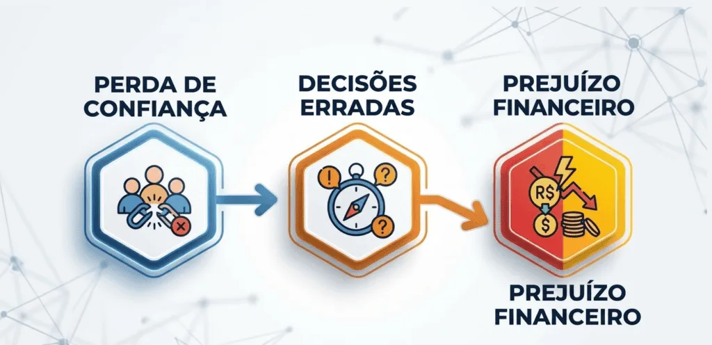 Infográfico com três hexágonos conectados por setas sobre um fundo tecnológico. O primeiro hexágono mostra ícones de pessoas e o texto "PERDA DE CONFIANÇA". O segundo apresenta uma bússola e o texto "DECISÕES ERRADAS". O terceiro exibe moedas, um cifrão (R$) e um gráfico de queda, com o texto "PREJUÍZO FINANCEIRO".