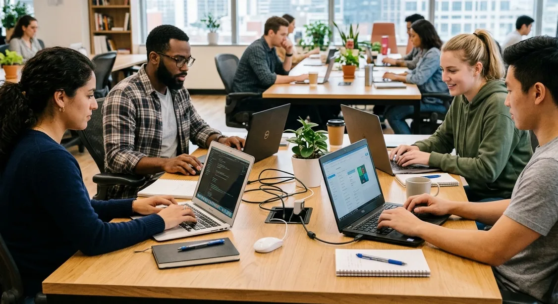 Quatro profissionais jovens e de diversas origens estão sentados ao redor de uma mesa de madeira em um escritório moderno, cada um focado em seu laptop. A imagem transmite colaboração e o tipo de trabalho que profissionais do futuro em áreas como IA realizam.