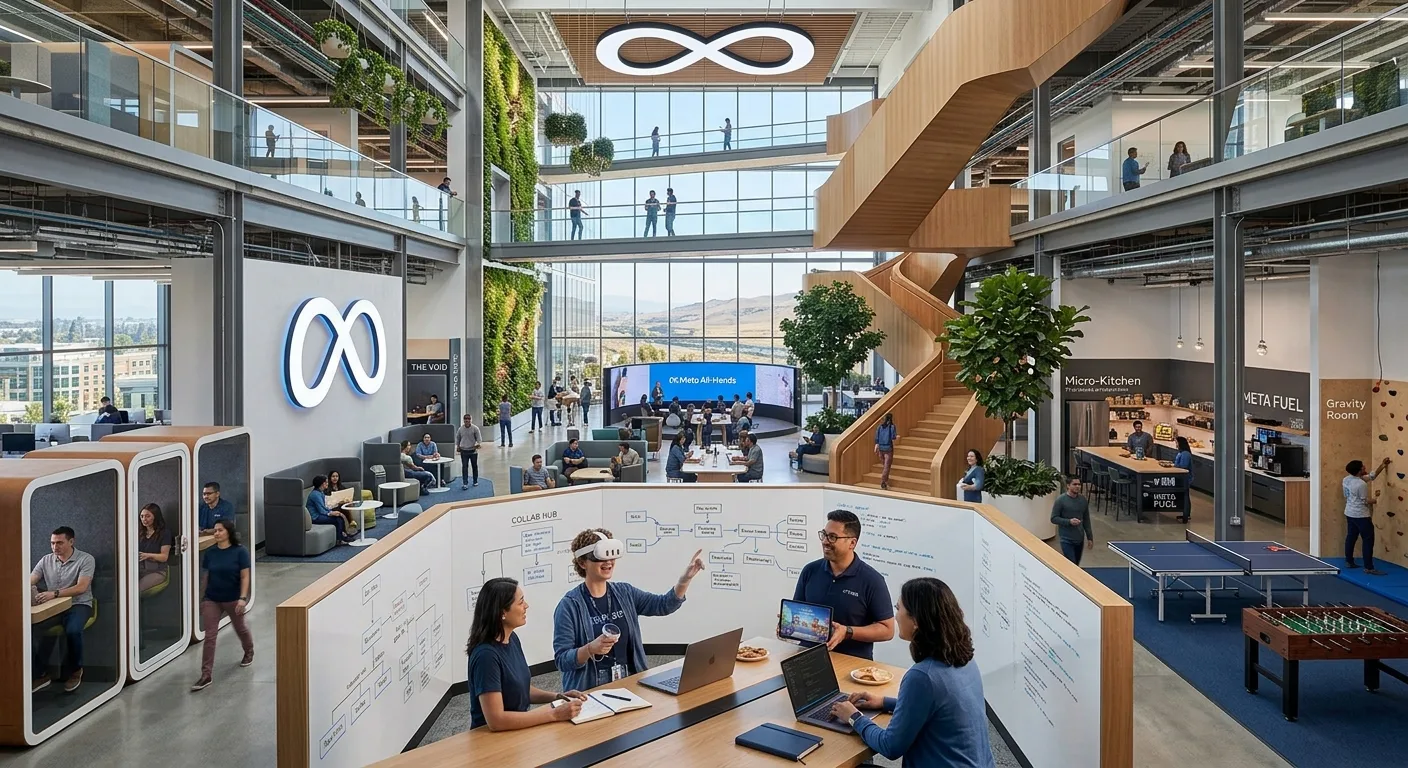 Uma fotografia panorâmica do átrio de vários níveis do escritório "Open Innovation Hub" da Meta. No primeiro plano, uma equipe de engenheiros colabora em uma mesa, um deles usando um headset VR da Meta. Ao fundo, uma enorme parede de vidro iluminada exibe o texto em português: "MODELOS DE INTELIGÊNCIA ARTIFICIAL DE CÓDIGO ABERTO". O espaço é repleto de luz natural, vegetação vertical e outros funcionários trabalhando em áreas de colaboração, simbolizando inovação aberta.