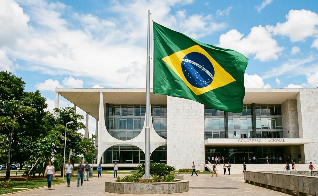 Vista externa de um prédio moderno de infraestrutura tecnológica com a bandeira do Brasil na entrada, representando a expansão dos data centers no país.