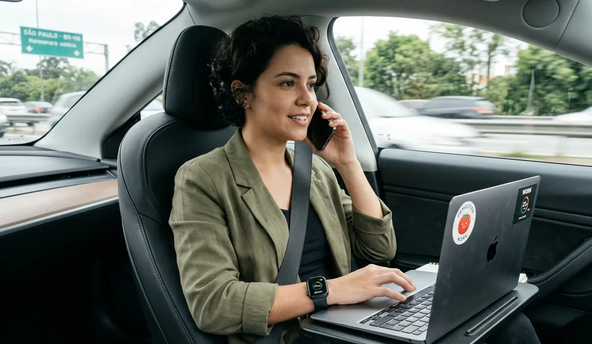 Pessoa concentrada com notebook no colo enquanto fala ao telefone dentro de um carro, simbolizando produtividade em movimento e gerenciamento de tempo com o método Pomodoro.
