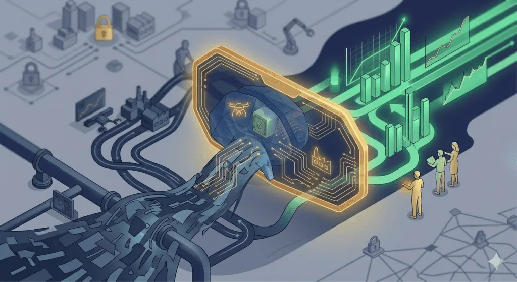 Ilustração macro tecnológica com circuitos de Inteligência Artificial. À esquerda, um emaranhado cinza de dados desorganizados passa por uma grande lente dourada geométrica. Ao passar pela lente, que representa os multiagentes, os dados se transformam em gráficos verdes ascendentes e tubulações organizadas e iluminadas. Pequenas figuras humanas observam a clareza e a lucratividade gerada pela transformação digital, em um ambiente seguro e blindado, com fundo azul marinho profundo.