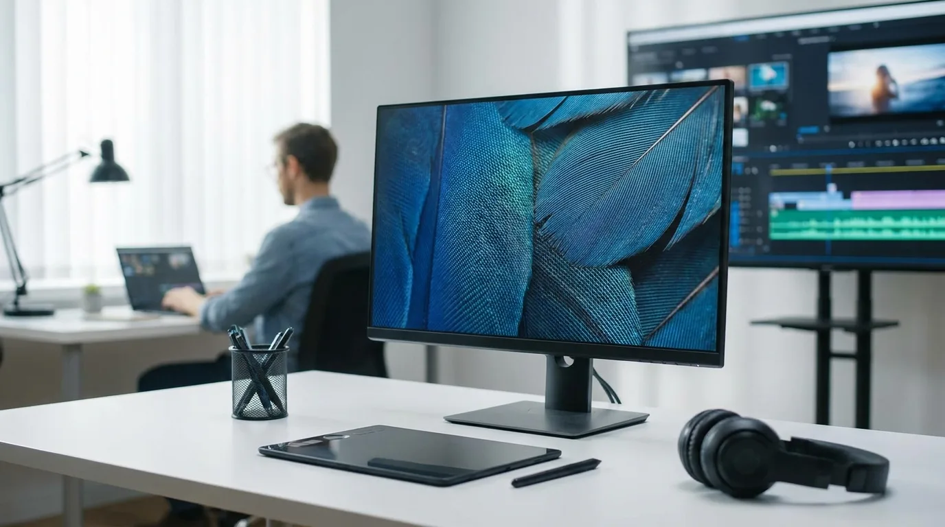 Mesa de trabalho com monitor exibindo imagem em alta definição, mesa digitalizadora, fones de ouvido e monitor ao fundo com software de edição de vídeo, ilustrando o processo de gerenciamento e remoção de marca d’água de IA em arquivos multimídia.