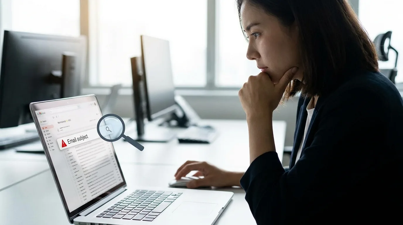 Mulher concentrada em um escritório analisando a tela do notebook para entender como identificar um e-mail de phishing, com uma lupa e ícone de alerta sobre a caixa de entrada.