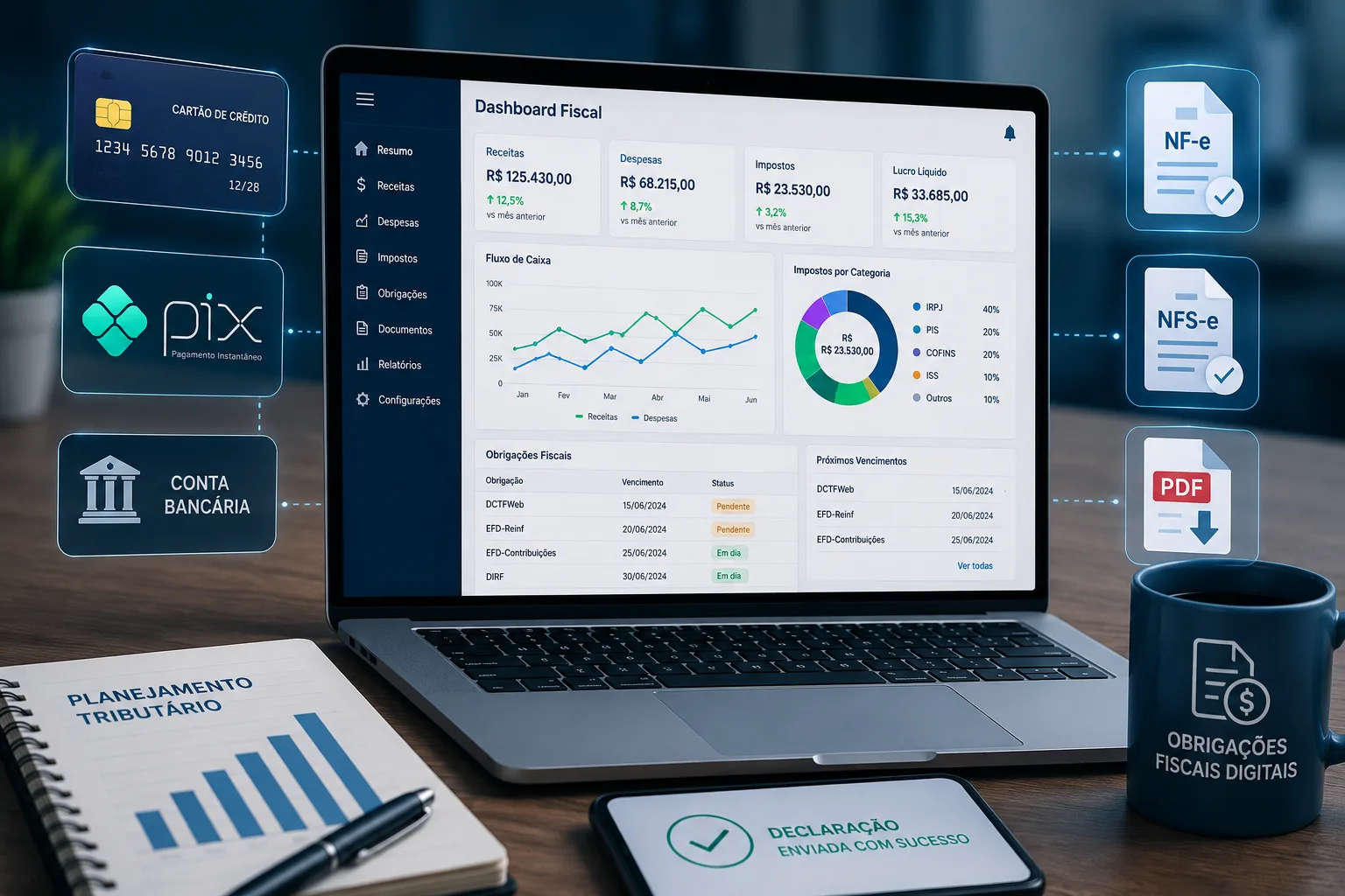 Dashboard fiscal em notebook exibindo receitas, despesas, impostos e obrigações fiscais, com ícones de cartão de crédito, PIX e conta bancária ao redor.