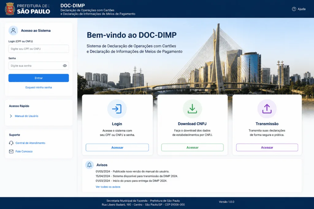Tela inicial do Sistema DOC-DIMP da Secretaria Municipal da Fazenda de São Paulo, com campos de login, menus de Download CNPJ e Transmissão, e avisos sobre prazos da DIMP.