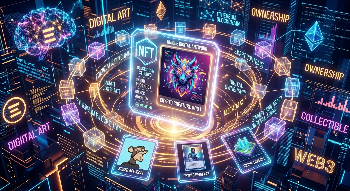 Ilustração conceitual sobre NFT o que é, mostrando um certificado de propriedade digital em formato de arte futurista conectado à tecnologia blockchain.
