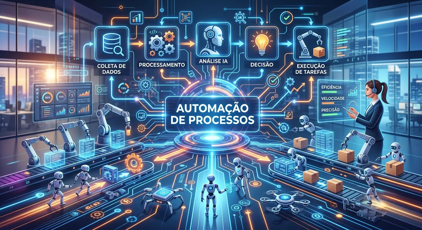 Uma imagem futurista que ilustra o conceito de automação de processos. O centro da imagem é ocupado por um fluxograma que descreve as etapas de um processo automatizado: Coleta de Dados, Processamento, Análise IA, Decisão e Execução de Tarefas. Ao redor do fluxograma, há diversos robôs industriais que realizam tarefas de fabricação e montagem de forma autônoma. No fundo, há uma cidade futurista com edifícios altos e veículos voadores.