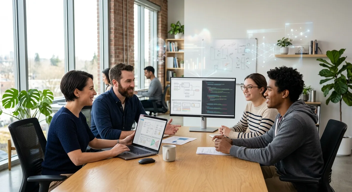 Equipe de tecnologia em escritório moderno colaborando ao redor de uma mesa com notebooks e monitores, exemplificando o uso de IA no desenvolvimento de software através de dados e redes abstratas conectando o fluxo de trabalho.