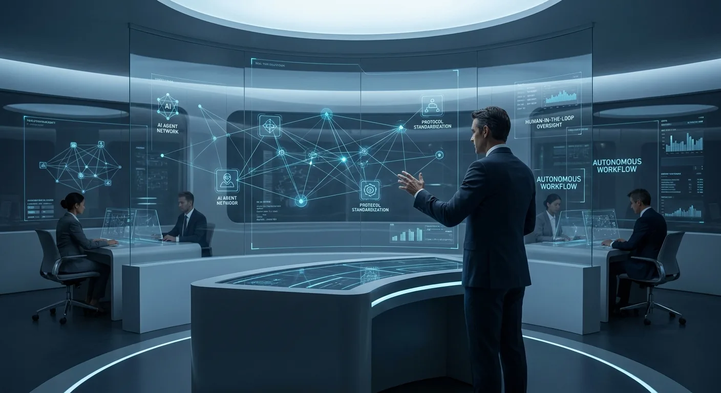 Homem em centro de comando futurista gesticula para tela holográfica exibindo rede de agentes de IA e fluxos de trabalho