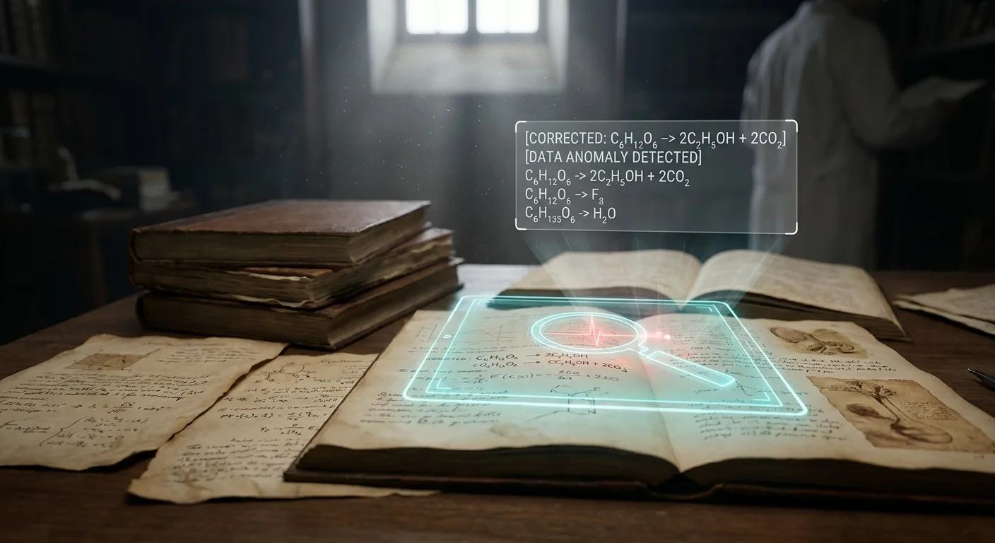 Interface digital holográfica analisando fórmulas químicas em manuscritos antigos com alerta de anomalia de dados