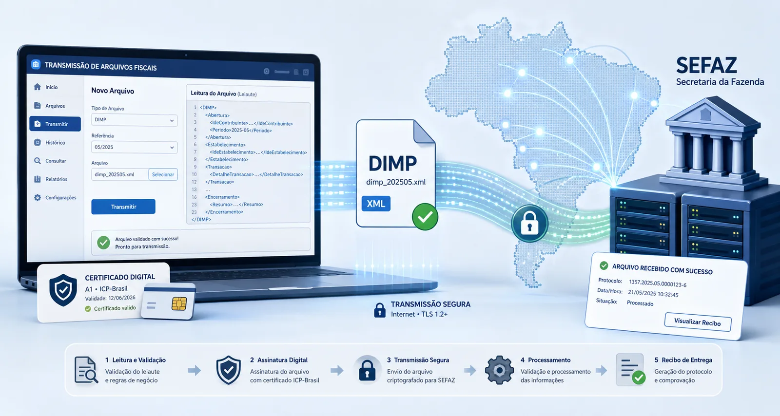 Infográfico mostrando o processo de transmissão do arquivo DIMP pelo sistema DOC-DIMP, com certificado digital ICP-Brasil, validação do leiaute, transmissão segura TLS e recibo de entrega na SEFAZ.