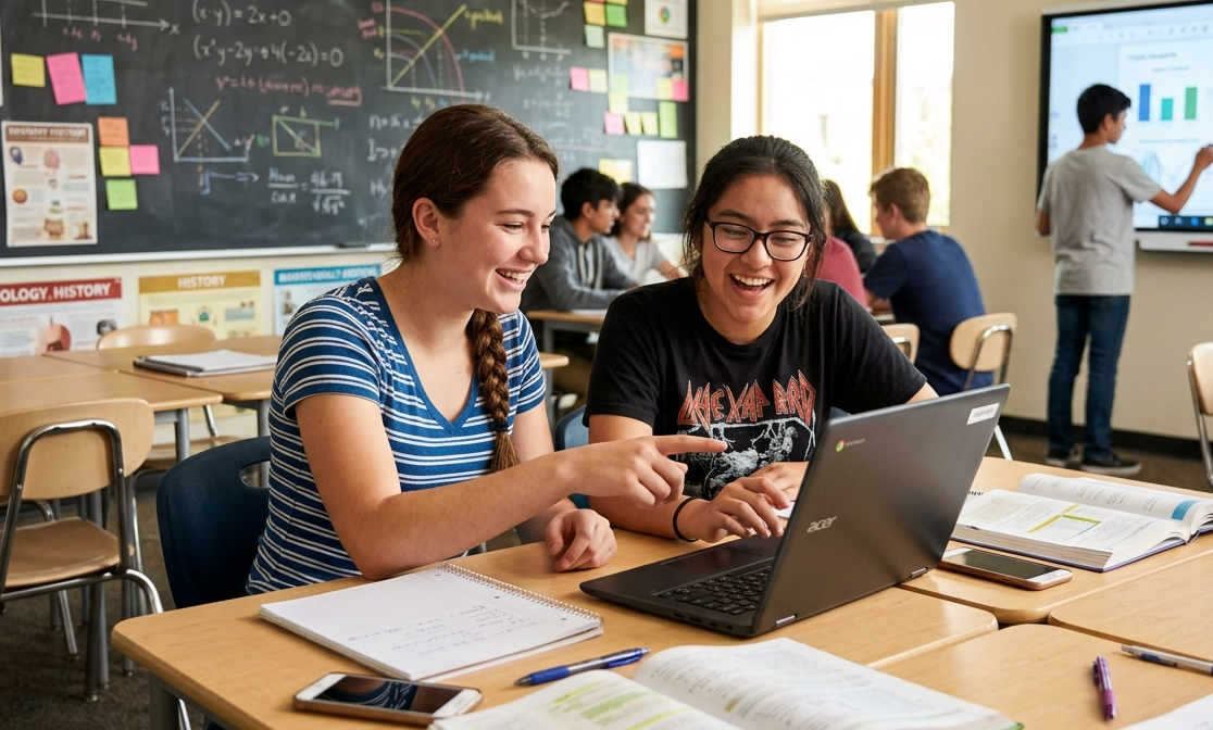 Duas alunas em sala de aula interagem com um notebook em cima da carteira escolar, enquanto sorriem e conversam. Ao fundo, o ambiente é decorado com materiais escolares e quadro-negro, representando um cenário de aprendizado colaborativo e digital.