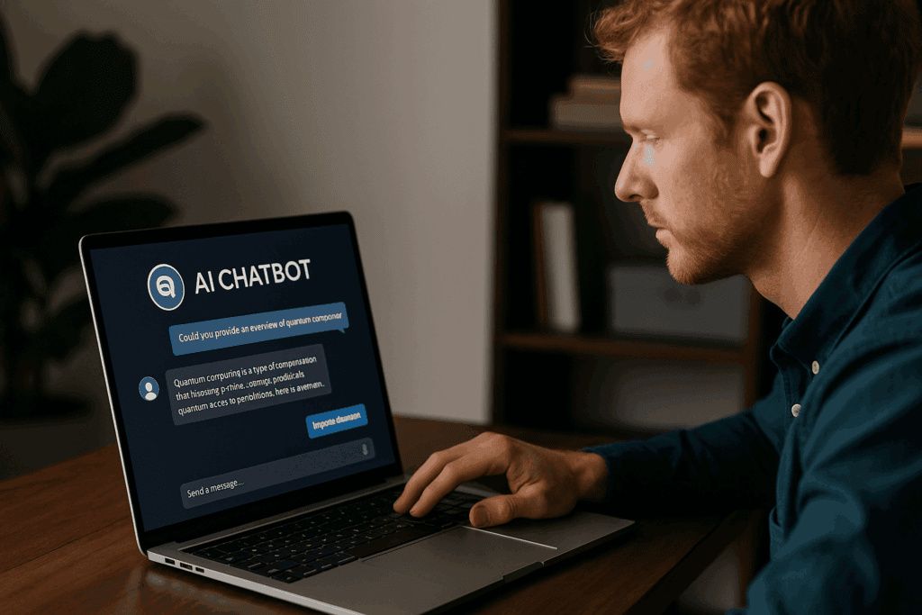 Homem ruivo, sentado à mesa, observa atentamente a tela de seu notebook, onde está aberto um chatbot de inteligência artificial com a pergunta "Could you provide an overview of quantum computing?" e uma resposta com erros e trechos desconexos, indicando um possível teste de revisão ou necessidade de refinamento do conteúdo gerado pela IA.