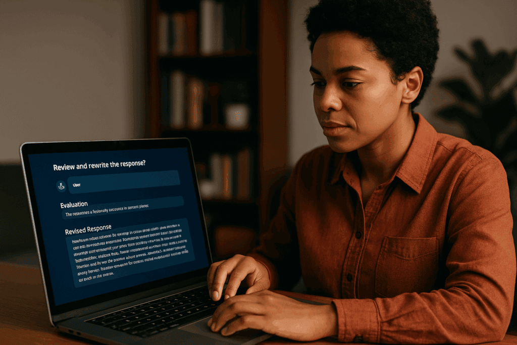 Mulher analisa a tela de um notebook que mostra a interface de avaliação e reescrita de resposta de um chatbot. A tela exibe uma seção de "Evaluation" seguida por uma "Revised Response", sugerindo o uso da função de reflexão para melhorar o conteúdo gerado pela IA.