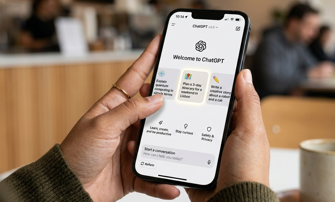 Pessoa segura um smartphone exibindo a interface do ChatGPT na página inicial, com exemplos de perguntas como “Explain quantum computing in simple terms” e uma seção de funcionalidades visíveis, representando o início de uma conversa onde o recurso “Refletir” pode ser utilizado.