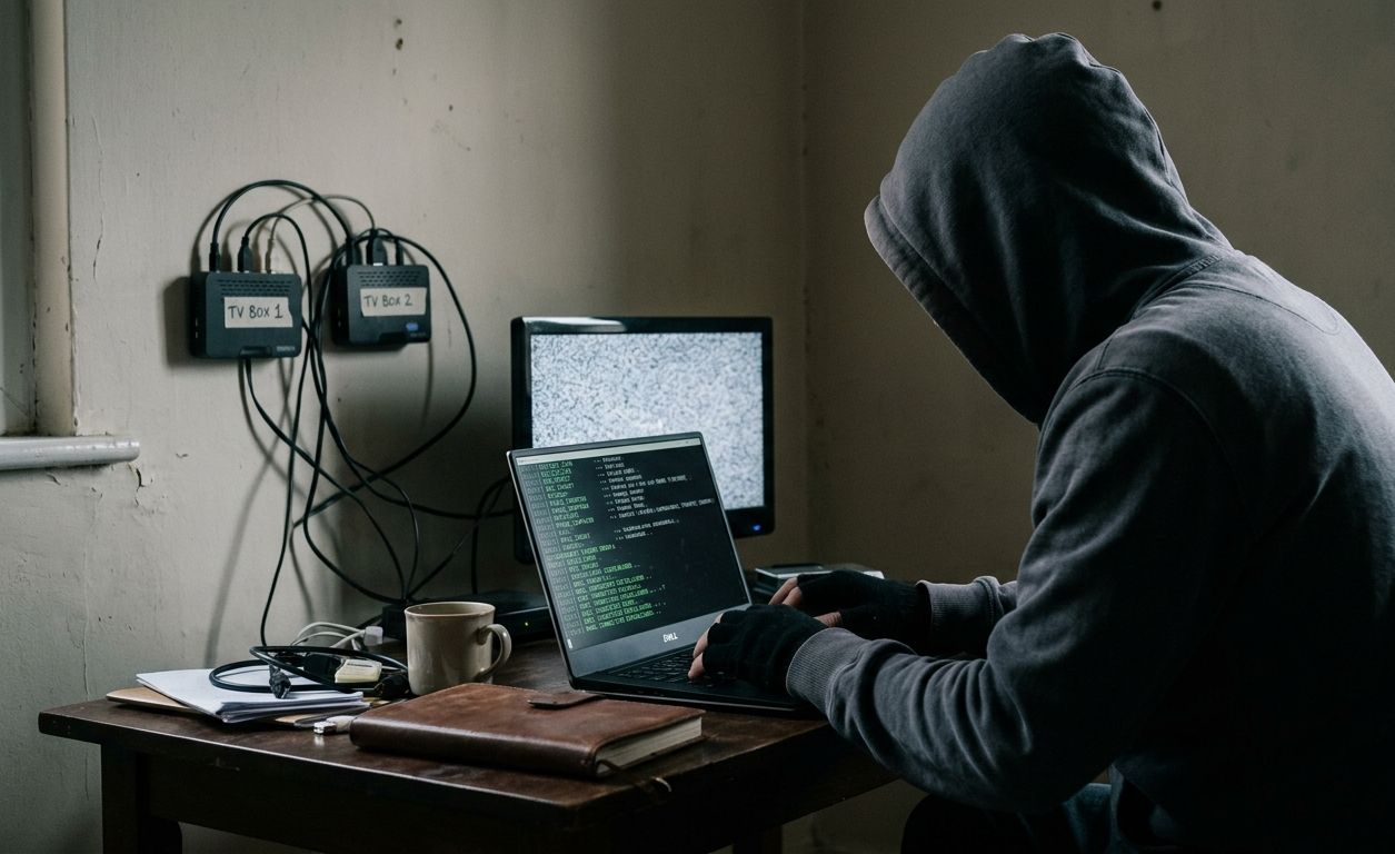 Uma imagem de alto contraste mostra um hacker encapuzado em um quarto escuro, sentado em frente a dois computadores. Ele está usando um moletom preto e um par de luvas. O computador à esquerda tem uma tela preta com o texto "BadBox" escrito em branco. O computador à direita tem uma tela preta com o texto "C:> BadBox" escrito em branco. O hacker está olhando para os computadores e tem as mãos nos teclados. A imagem é de alto contraste, com cores vibrantes e sombras profundas. O hacker e os computadores são o foco da imagem, e o fundo é desfocado. A imagem transmite uma sensação de mistério e intriga.