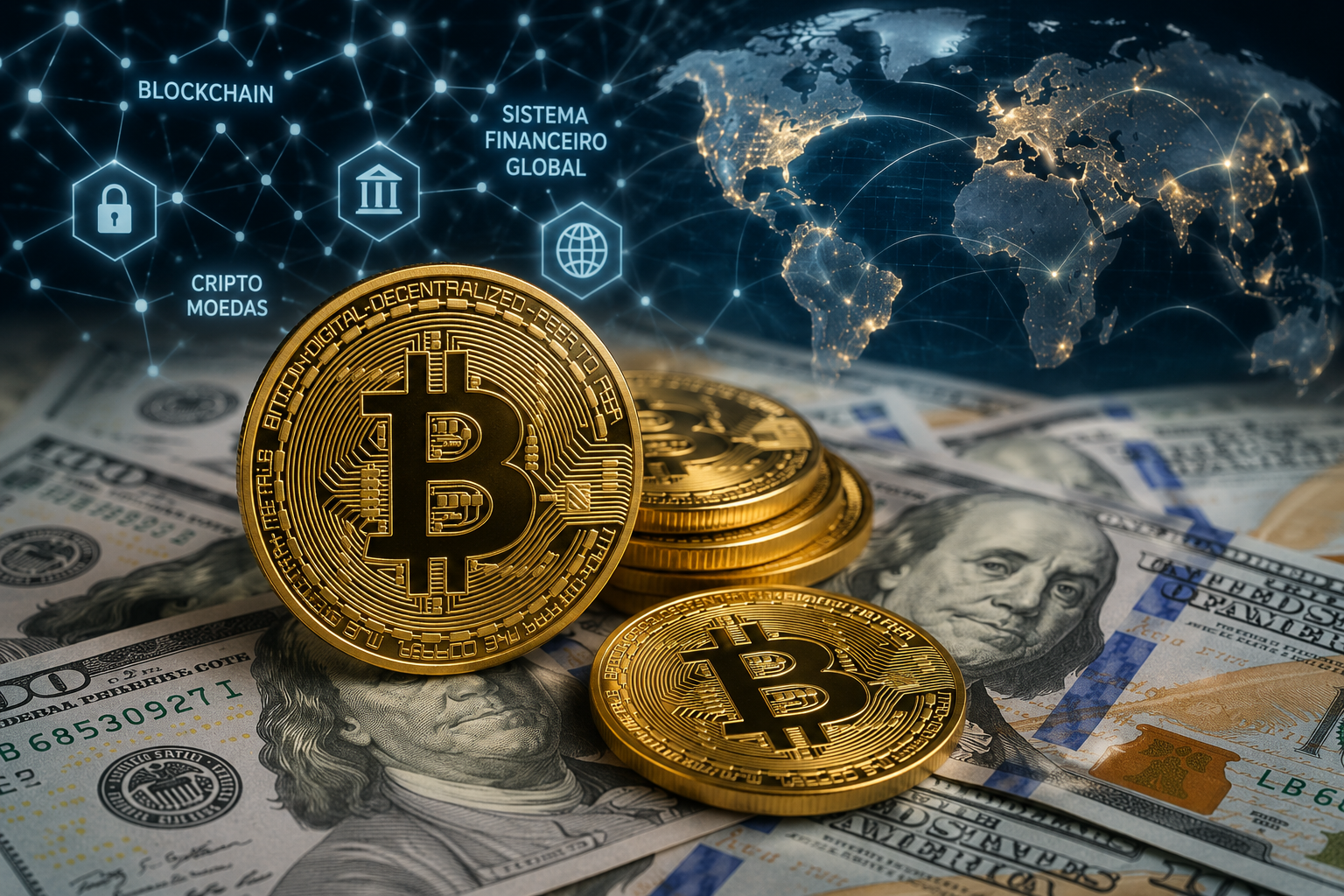 Moedas de Bitcoin sobre cédulas de dólar, representando a conexão entre Blockchain, criptomoedas e o sistema financeiro global.