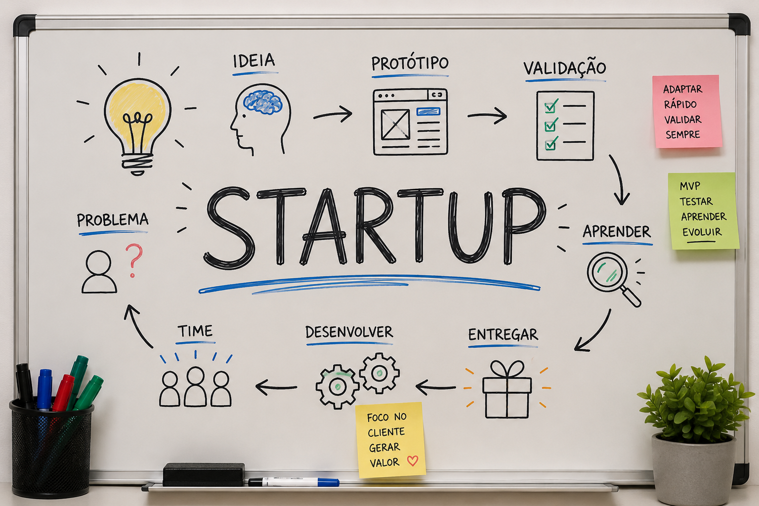 Quadro branco com a palavra "STARTUP" desenhada à mão, representando a metodologia ágil focada em adaptação rápida e entrega de valor contínuo no desenvolvimento de produtos.