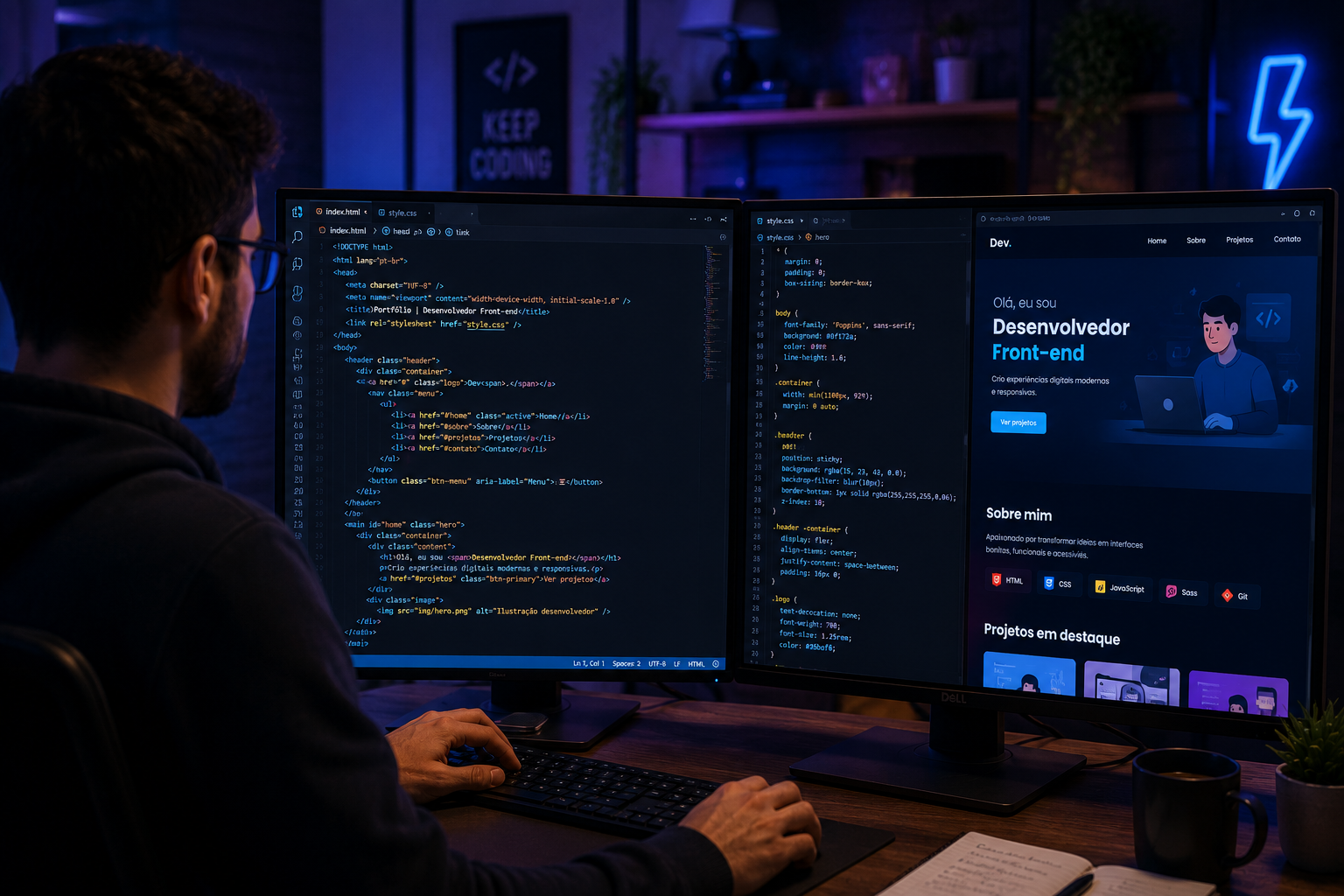 Pessoa desenvolvendo front-end em tela de computador com códigos HTML e CSS.