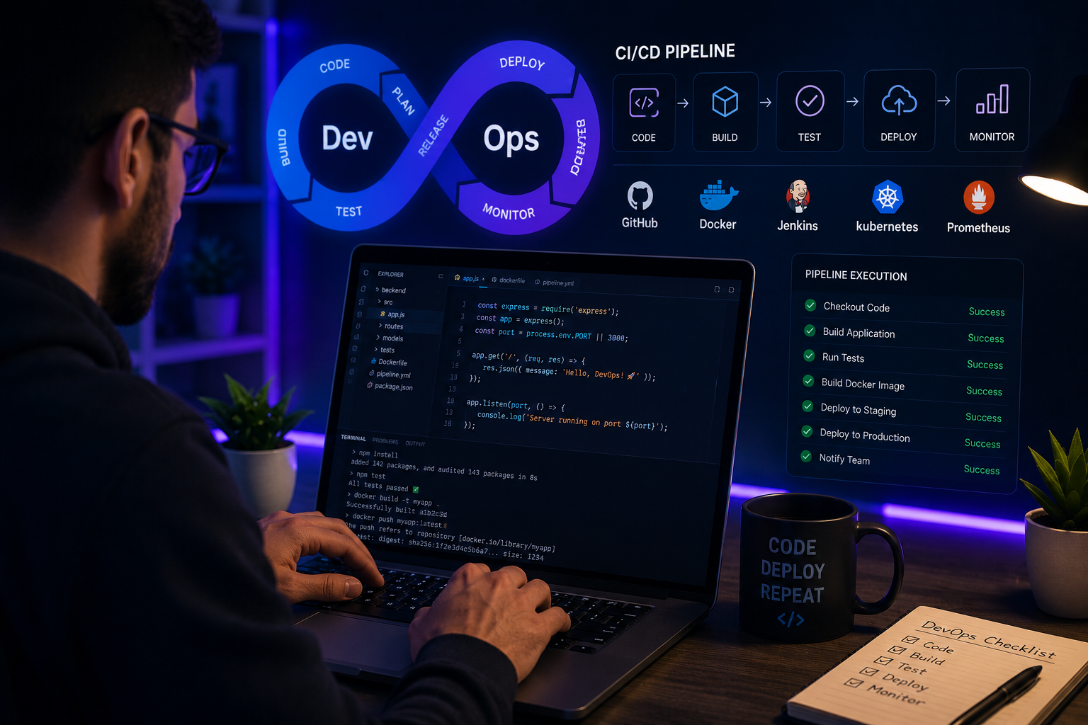 Pessoa programando em laptop, conceito de automação e integração contínua em DevOps.