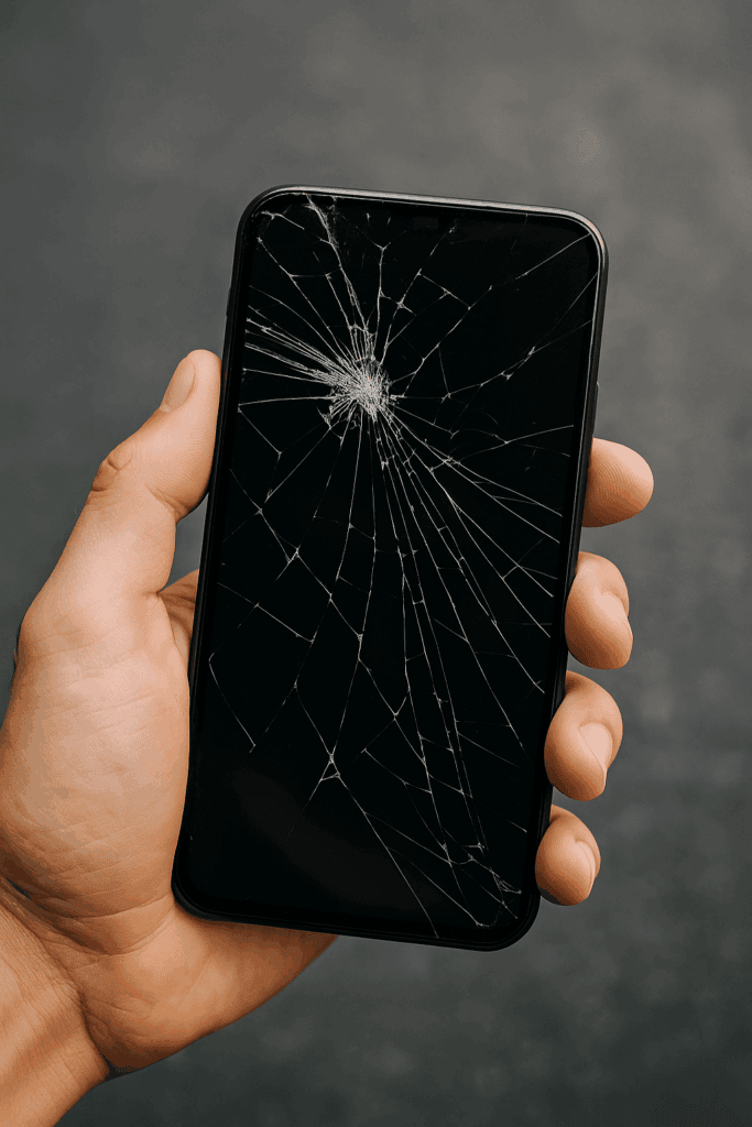 Mão segura um smartphone com a tela totalmente estilhaçada, exibindo rachaduras que se espalham a partir de um ponto de impacto central no vidro, com fundo neutro desfocado.