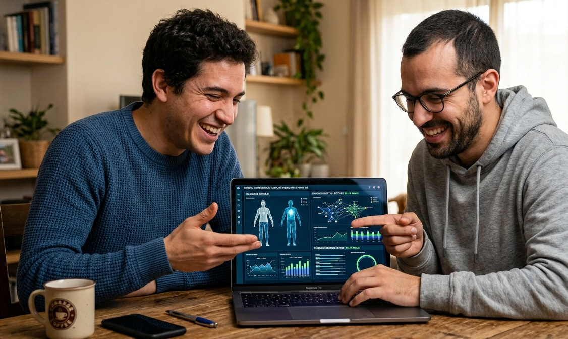 Dois homens sorrindo e interagindo com um notebook em ambiente doméstico, simbolizando a interatividade e sincronização típica de gêmeos digitais.