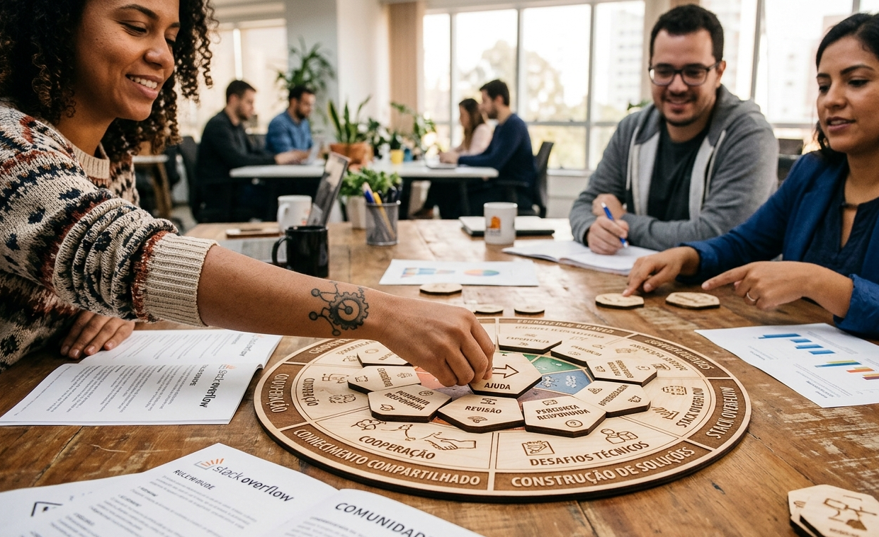 Pessoa movendo peças em um jogo de tabuleiro, simbolizando a troca de conhecimento, colaboração e construção coletiva de soluções — conceitos centrais no Stack Overflow.