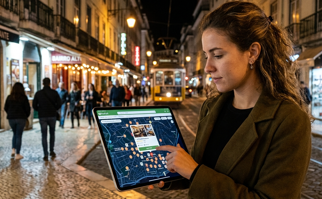 Pessoa segura um tablet e interage com um mapa digital na tela, mostrando restaurantes, locais e avaliações na interface do aplicativo TheFork, semelhante ao estilo do Google Maps, com foco em localização de estabelecimentos em uma área urbana à noite.